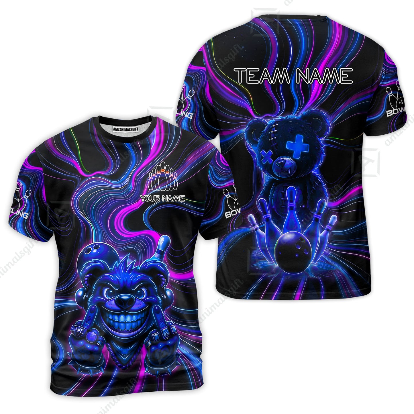 Customized Bowling Unisex Polo Shirt, Crazy Neon Bear Bowling Strike, Bowling Uniform - Personalized Name And Team Name