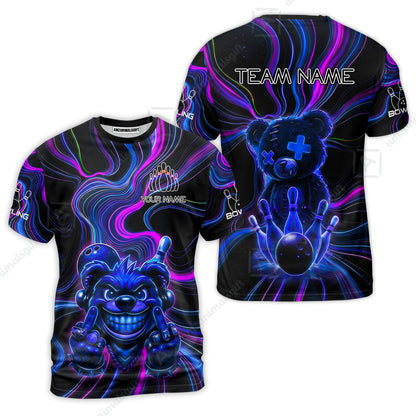 Customized Bowling Unisex Polo Shirt, Crazy Neon Bear Bowling Strike, Bowling Uniform - Personalized Name And Team Name
