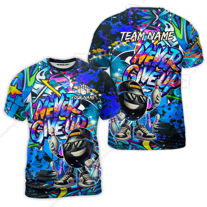 Customized Bowling Unisex Polo Shirt, Graffiti Bowling Funny Never Give Up Bowling Uniform, Personalized Name And Team Name
