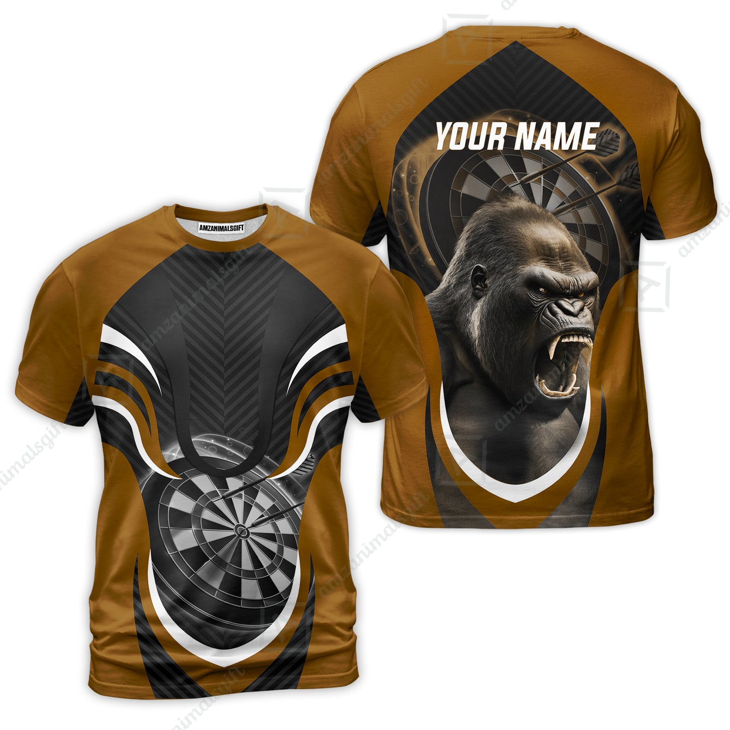 Gorilla And Darts Custom Name Men Polo Shirt, Bullseye Dartboard Brown Personalized Men Polo Shirt Gift For Darts Lovers, Team, Friends
