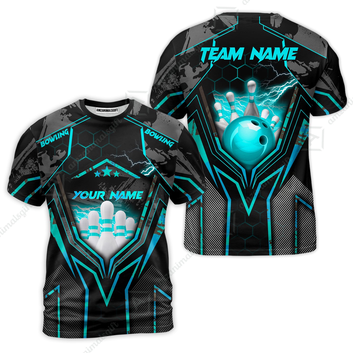 Customized Bowling Jersey, Bowling And Pins Abstract Grunge Texture X Multicolor Option Customized Name And Team Name Zipper Polo Jerseys Shirts