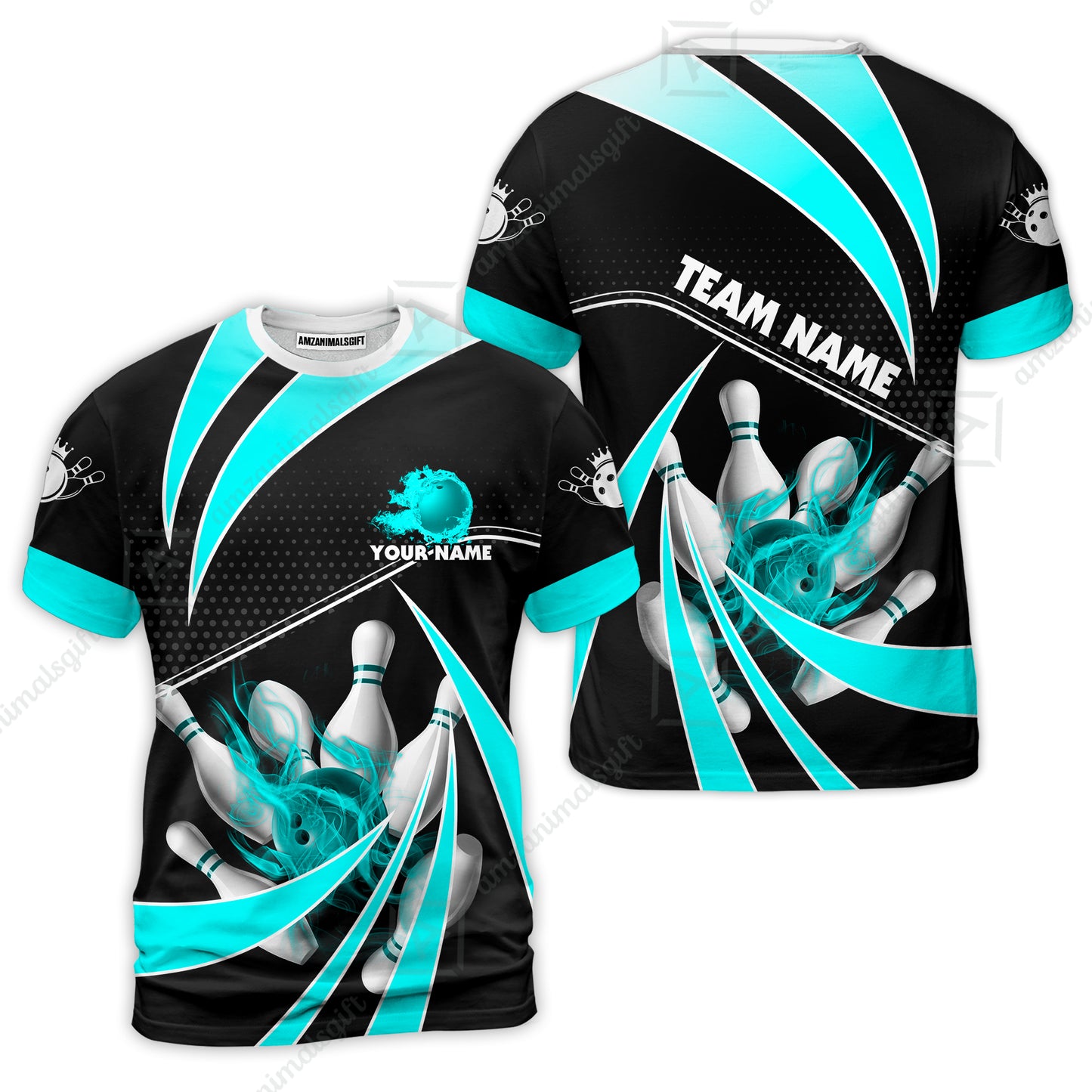 Customized Bowling Team T-Shirt, Bowling Ball & Pins Fire Light Sport T-Shirt Multicolor Option For Bowlers