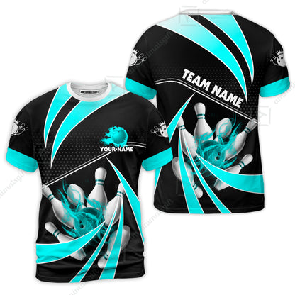 Customized Bowling Team T-Shirt, Bowling Ball & Pins Fire Light Sport T-Shirt Multicolor Option For Bowlers