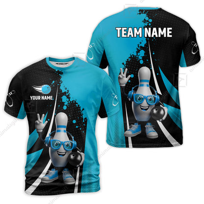 Customized Bowling Unisex Polo Shirt, Halftone Bowling Pin Wearing Headphones Sunglasses, Personalized Name And Team Name