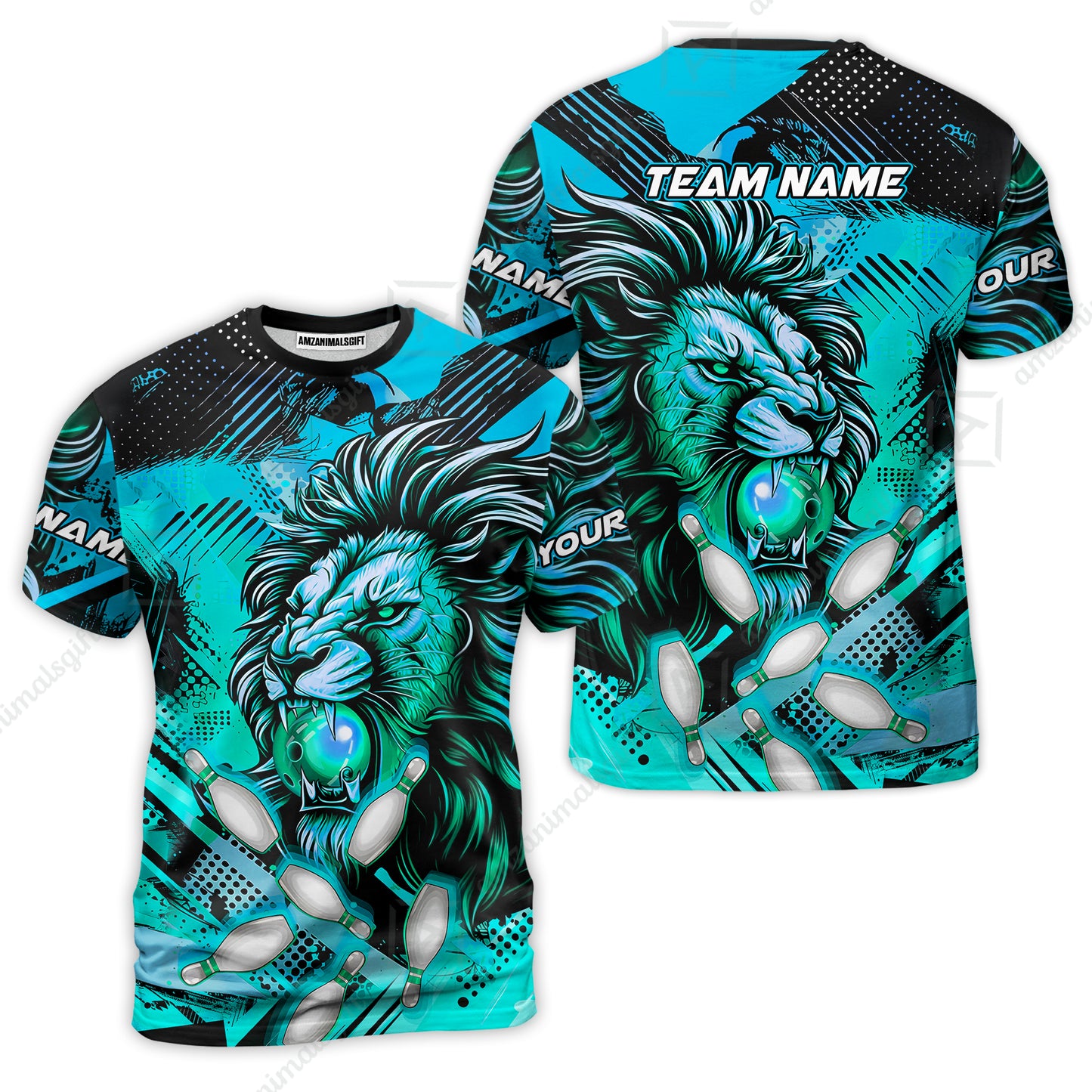 Custom Bowling Team Jerseys Shirts, Bowling uniforms Ball & Pins Lion Pattern Personalized Name And Team Name