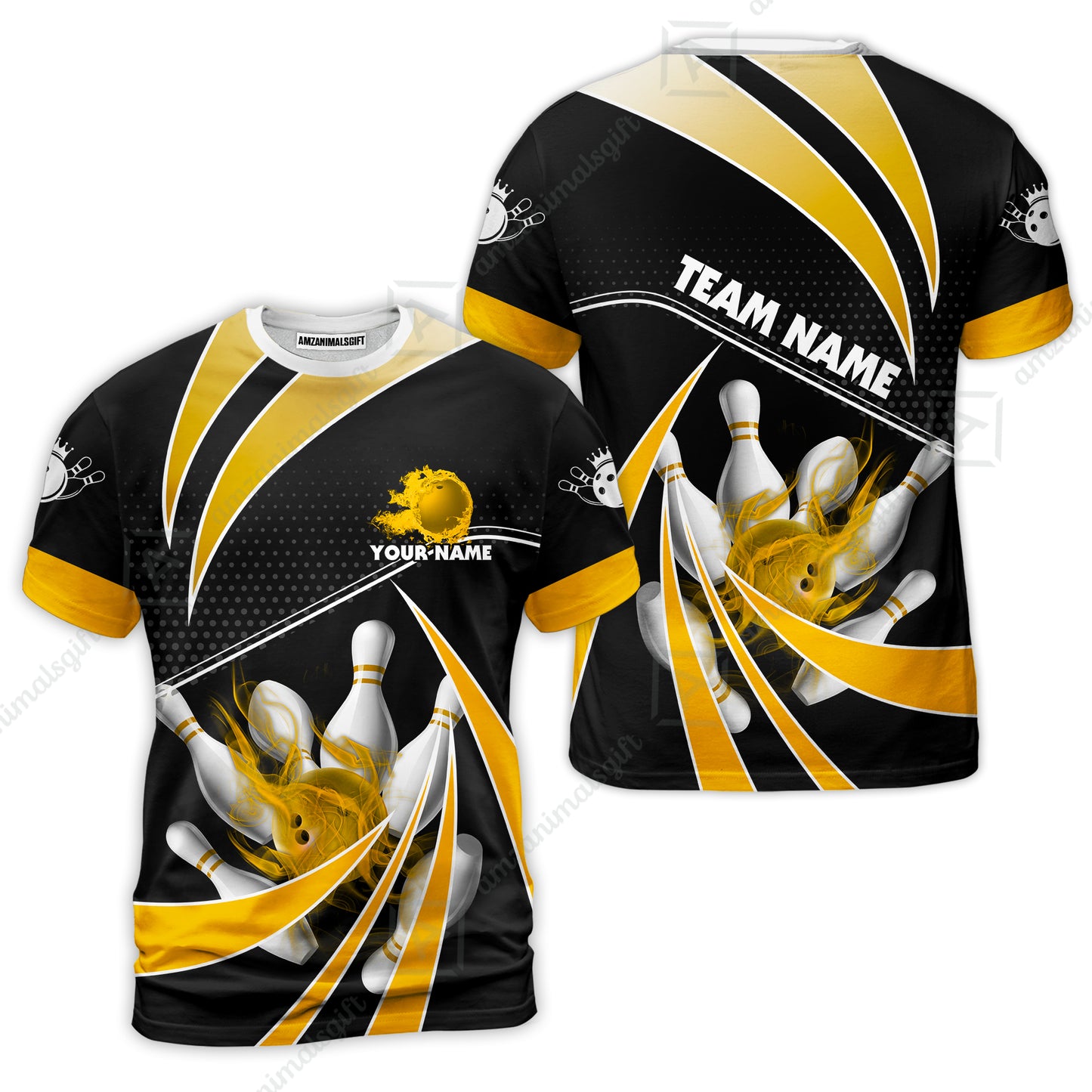 Customized Bowling Team T-Shirt, Bowling Ball & Pins Fire Light Sport T-Shirt Multicolor Option For Bowlers