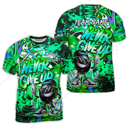 Customized Bowling Unisex Polo Shirt, Graffiti Bowling Funny Never Give Up Bowling Uniform, Personalized Name And Team Name