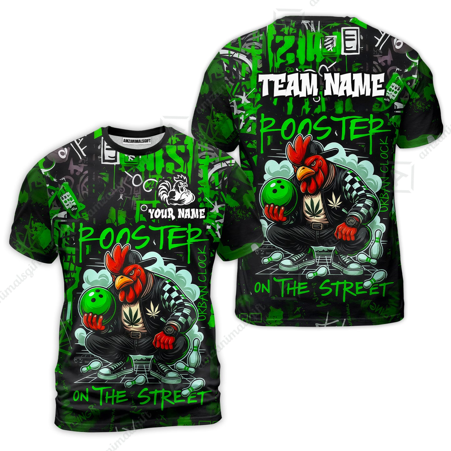 Customized Bowling Unisex Polo Shirt, Urban Streetwear Chicken Bowling Rooster On The Street, Personalized Name Team Name