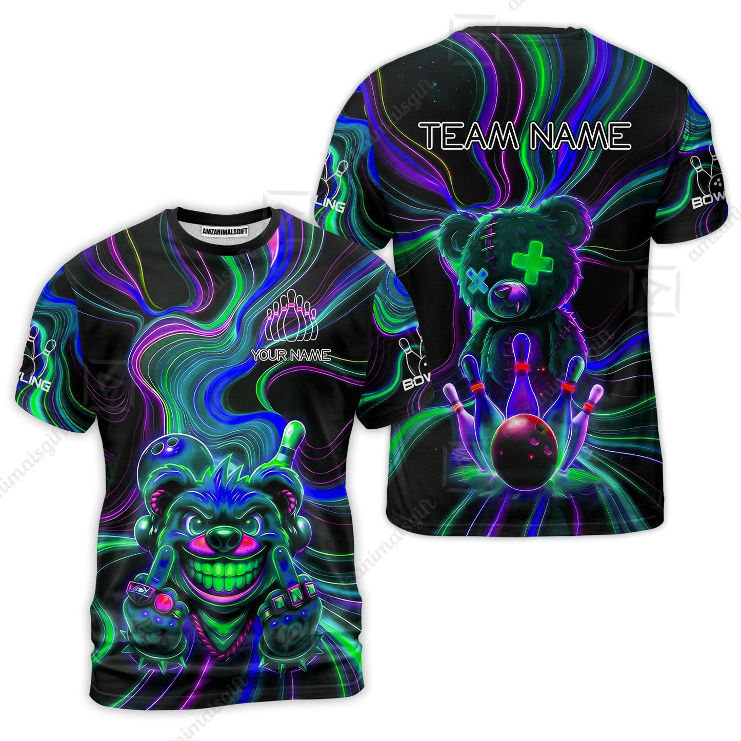 Customized Bowling Unisex Polo Shirt, Crazy Neon Bear Bowling Strike, Bowling Uniform - Personalized Name And Team Name