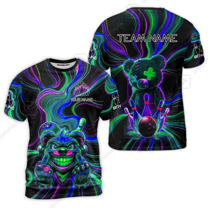Customized Bowling Unisex Polo Shirt, Crazy Neon Bear Bowling Strike, Bowling Uniform - Personalized Name And Team Name