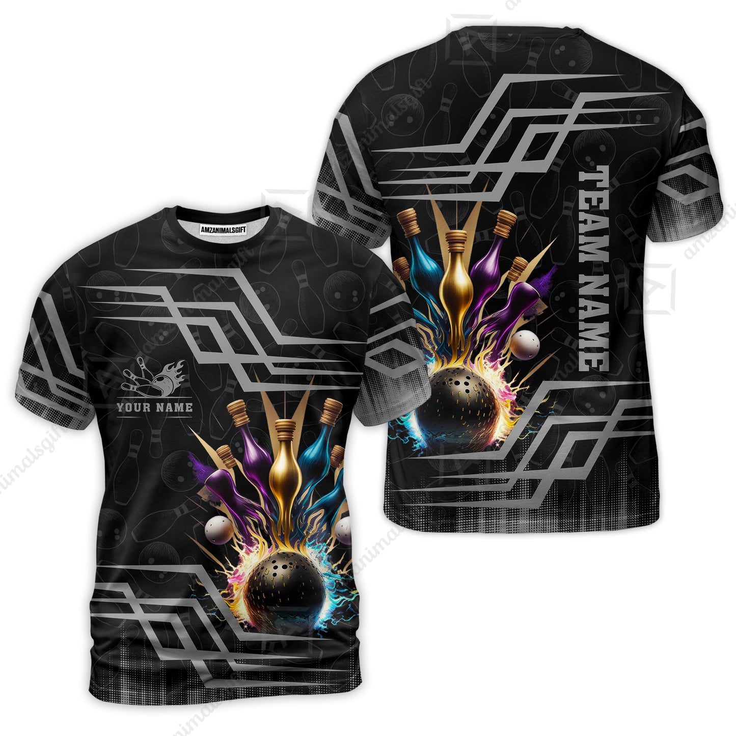 Customized Bowling Unisex Polo, Bowling And Pins Royal Multicolor Option Customized Name And Team Name For Bowling Team