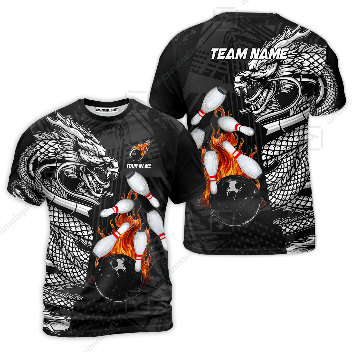 Custom Bowling Team Jerseys Polo Shirts, Bowling uniforms Bowling & Pins Dragon Flame Fire Multicolor Options Personalized Name And Team Name