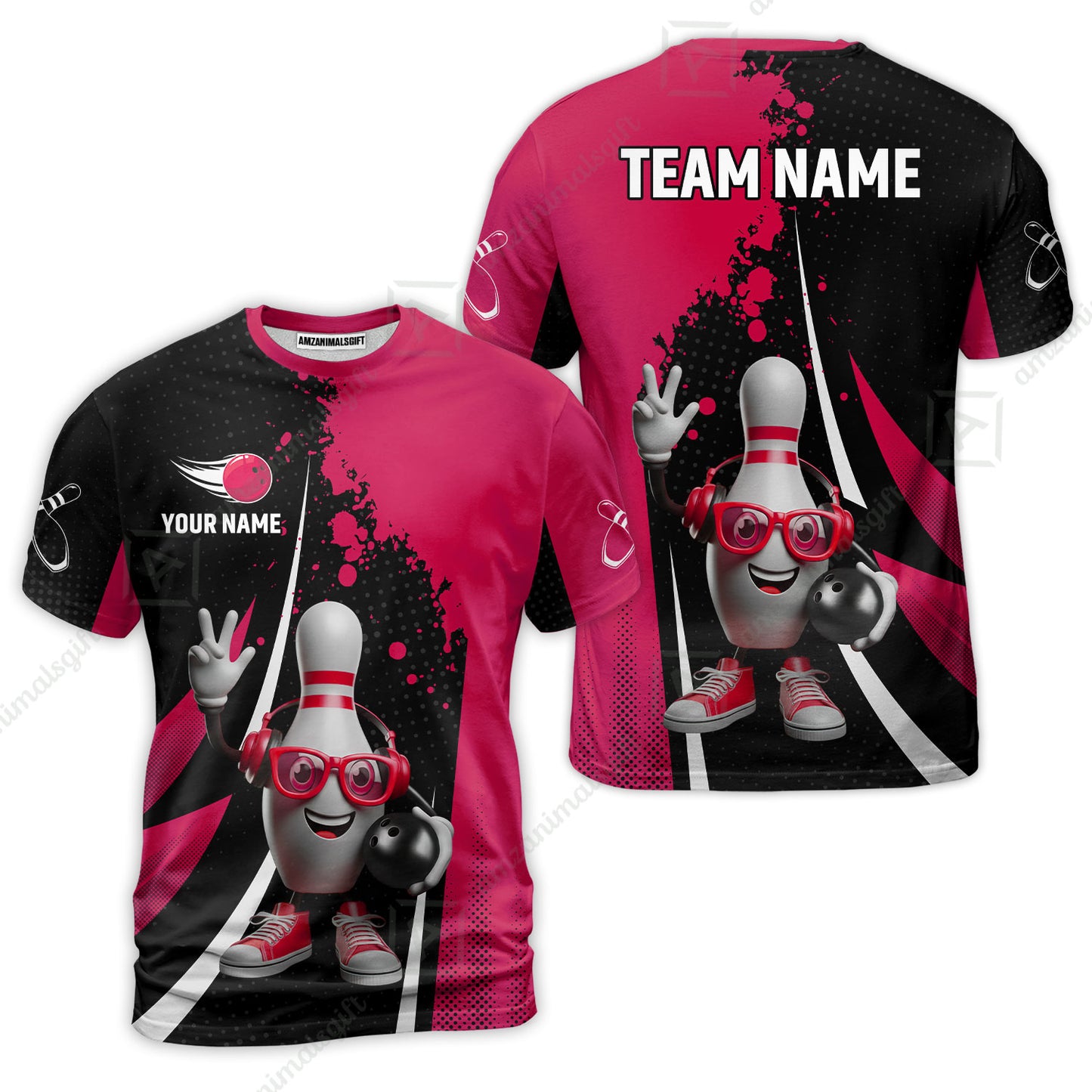 Customized Bowling Unisex Polo Shirt, Halftone Bowling Pin Wearing Headphones Sunglasses, Personalized Name And Team Name