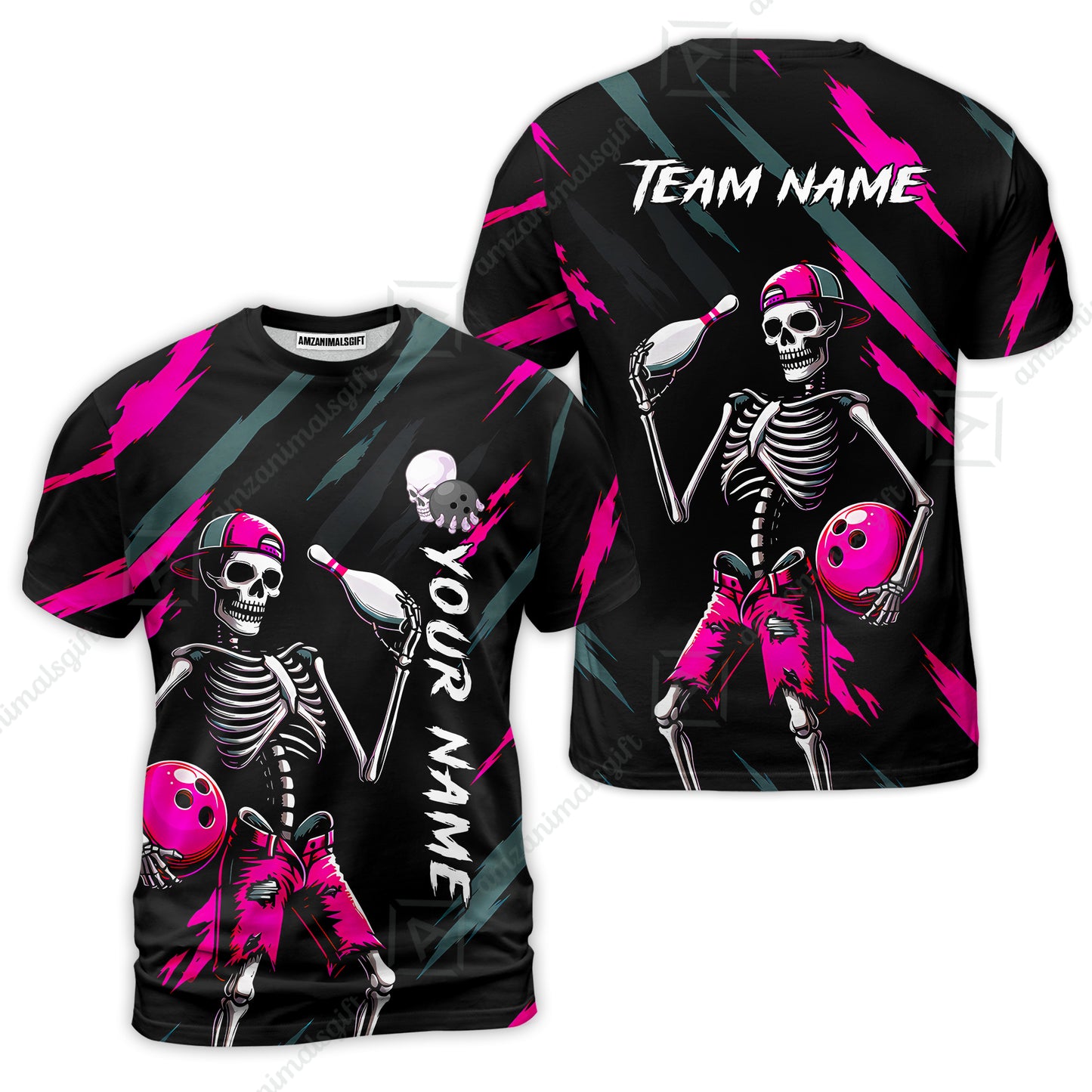Customized Bowling Shirt, Bad Boy Skeleton Bowler, Personalized Polo Shirt For Players With Name & Team Name