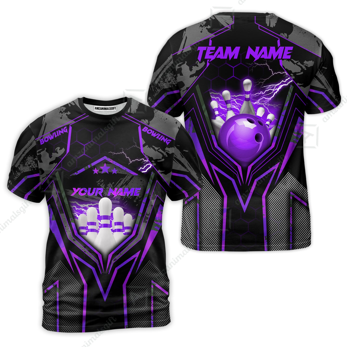 Customized Bowling Jersey, Bowling And Pins Abstract Grunge Texture X Multicolor Option Customized Name And Team Name Zipper Polo Jerseys Shirts