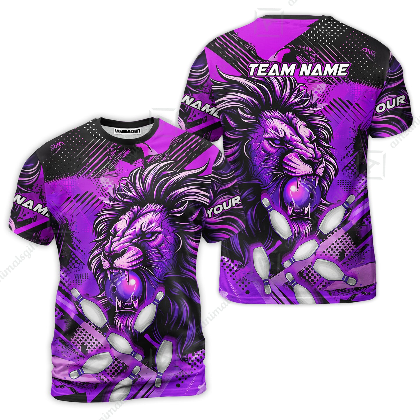 Custom Bowling Team Jerseys Shirts, Bowling uniforms Ball & Pins Lion Pattern Personalized Name And Team Name