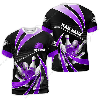 Customized Bowling Team T-Shirt, Bowling Ball & Pins Fire Light Sport T-Shirt Multicolor Option For Bowlers
