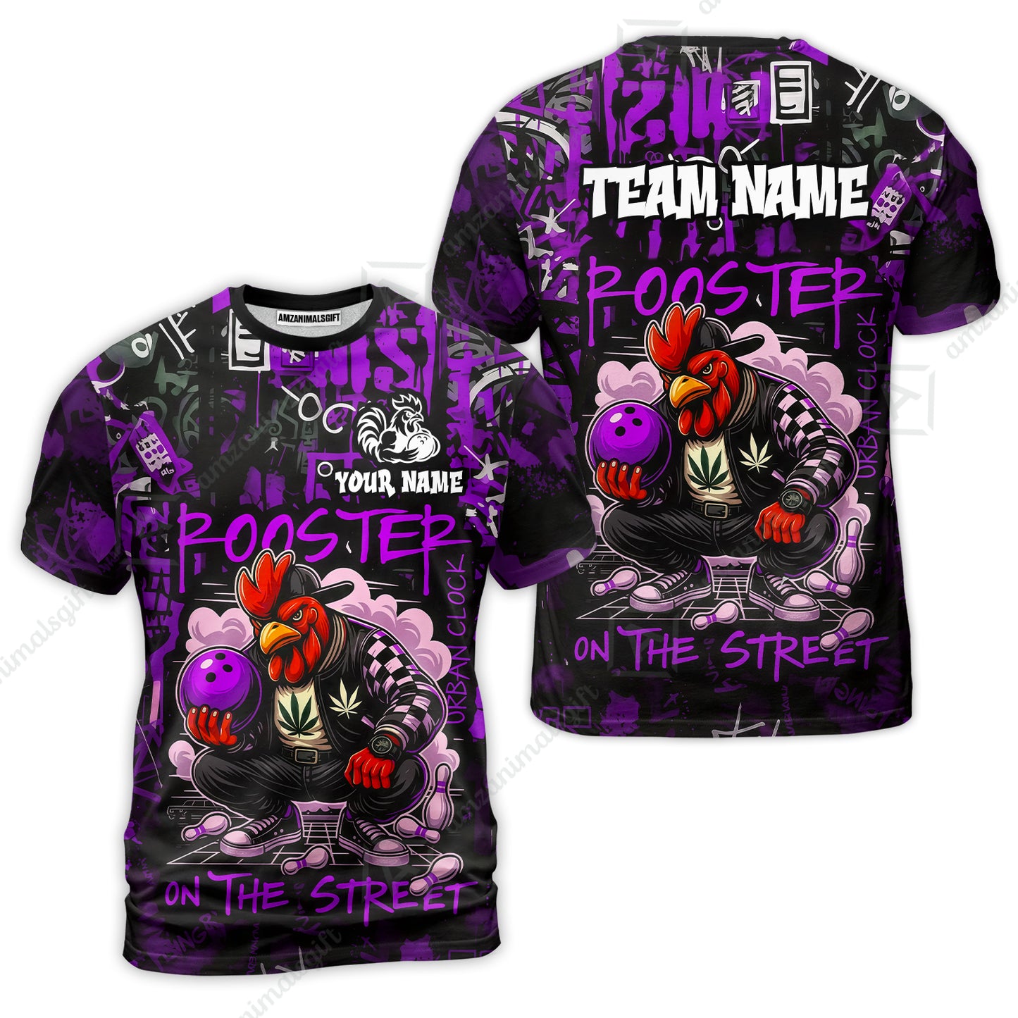 Customized Bowling Unisex Polo Shirt, Urban Streetwear Chicken Bowling Rooster On The Street, Personalized Name Team Name