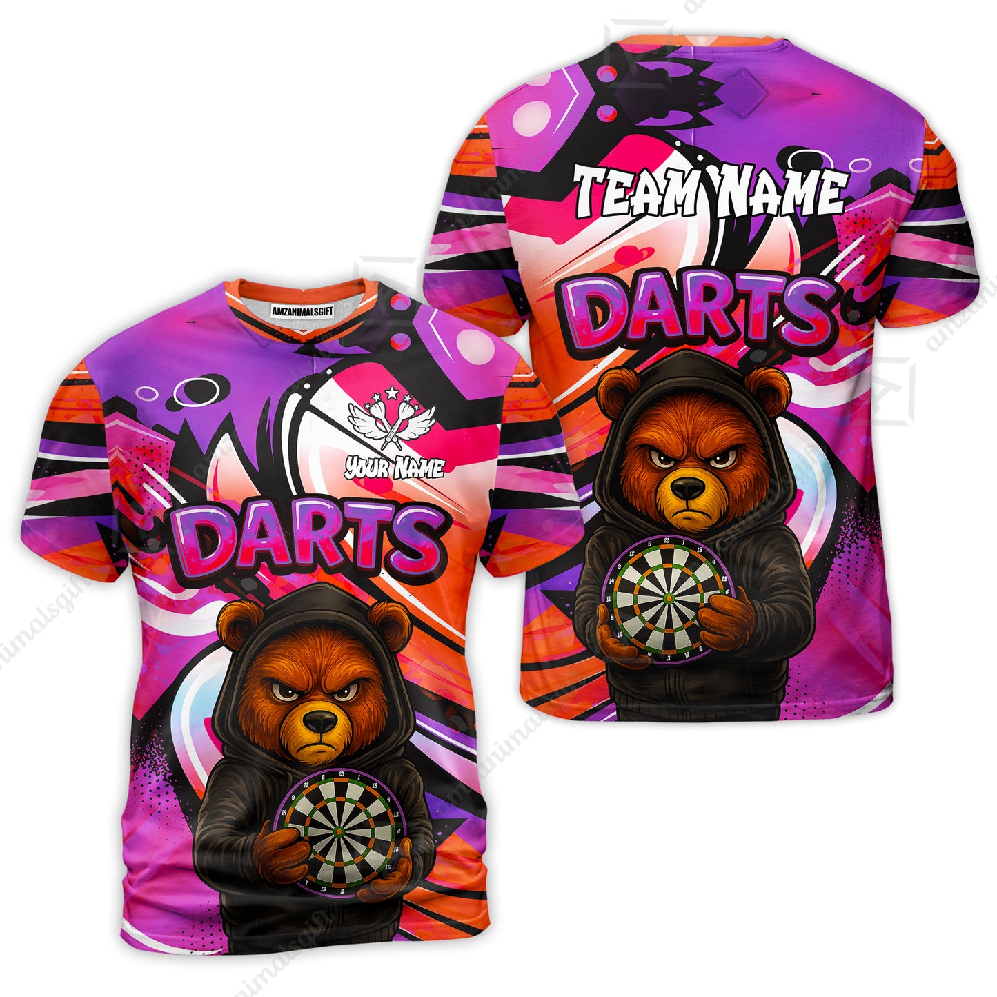 Customized Darts Team Uniform Shirt, Custom Darts Team Collar Quarter-Zip, Personalized Bear Darts Shirt with Name & Team Name