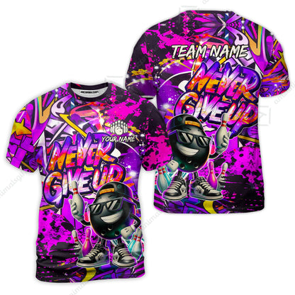 Customized Bowling Unisex Polo Shirt, Graffiti Bowling Funny Never Give Up Bowling Uniform, Personalized Name And Team Name