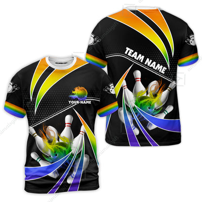Customized Bowling Team T-Shirt, Bowling Ball & Pins Fire Light Sport T-Shirt Multicolor Option For Bowlers