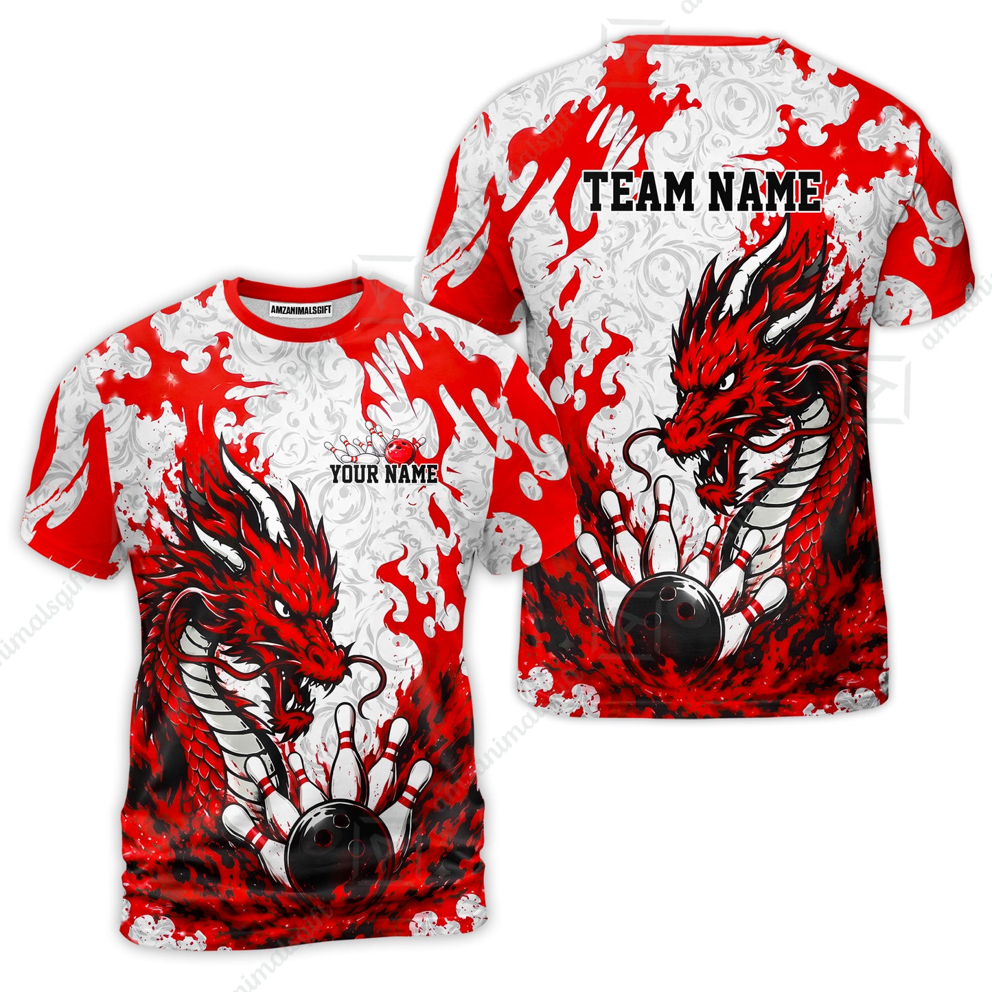 Custom Bowling Jersey Polo Shirt, Fierce Crimson Fire Dragon Strike, Custom Bowling Jersey Team Shirt For Players With Name and Team Name