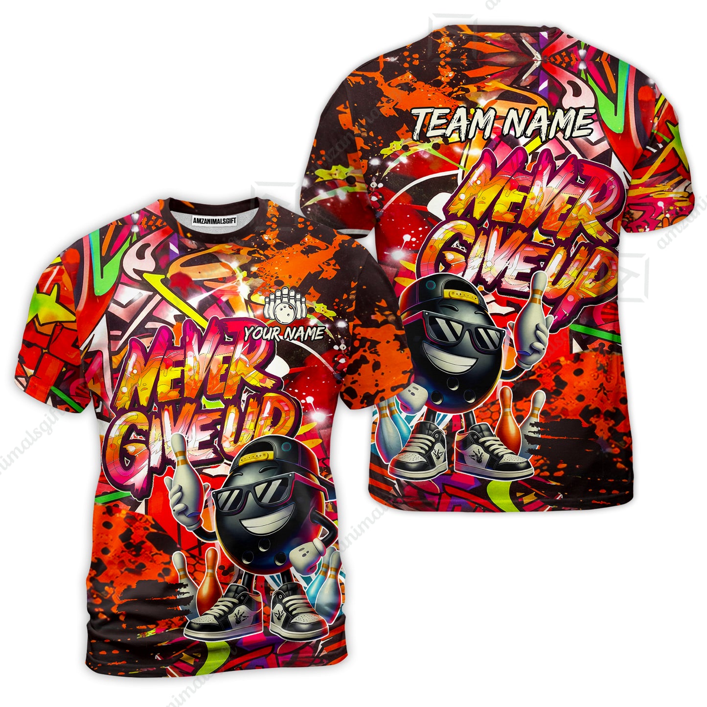 Customized Bowling Unisex Polo Shirt, Graffiti Bowling Funny Never Give Up Bowling Uniform, Personalized Name And Team Name
