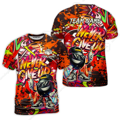 Customized Bowling Unisex Polo Shirt, Graffiti Bowling Funny Never Give Up Bowling Uniform, Personalized Name And Team Name