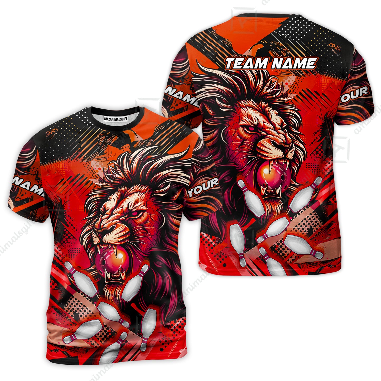 Custom Bowling Team Jerseys Shirts, Bowling uniforms Ball & Pins Lion Pattern Personalized Name And Team Name