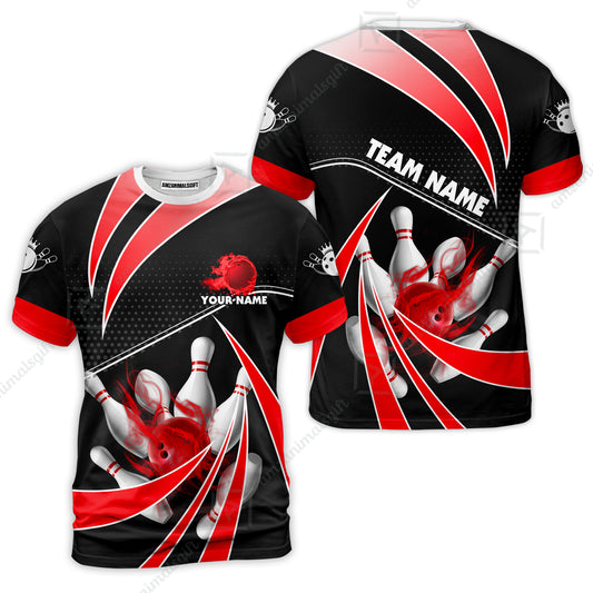 Customized Bowling Team T-Shirt, Bowling Ball & Pins Fire Light Sport T-Shirt Multicolor Option For Bowlers