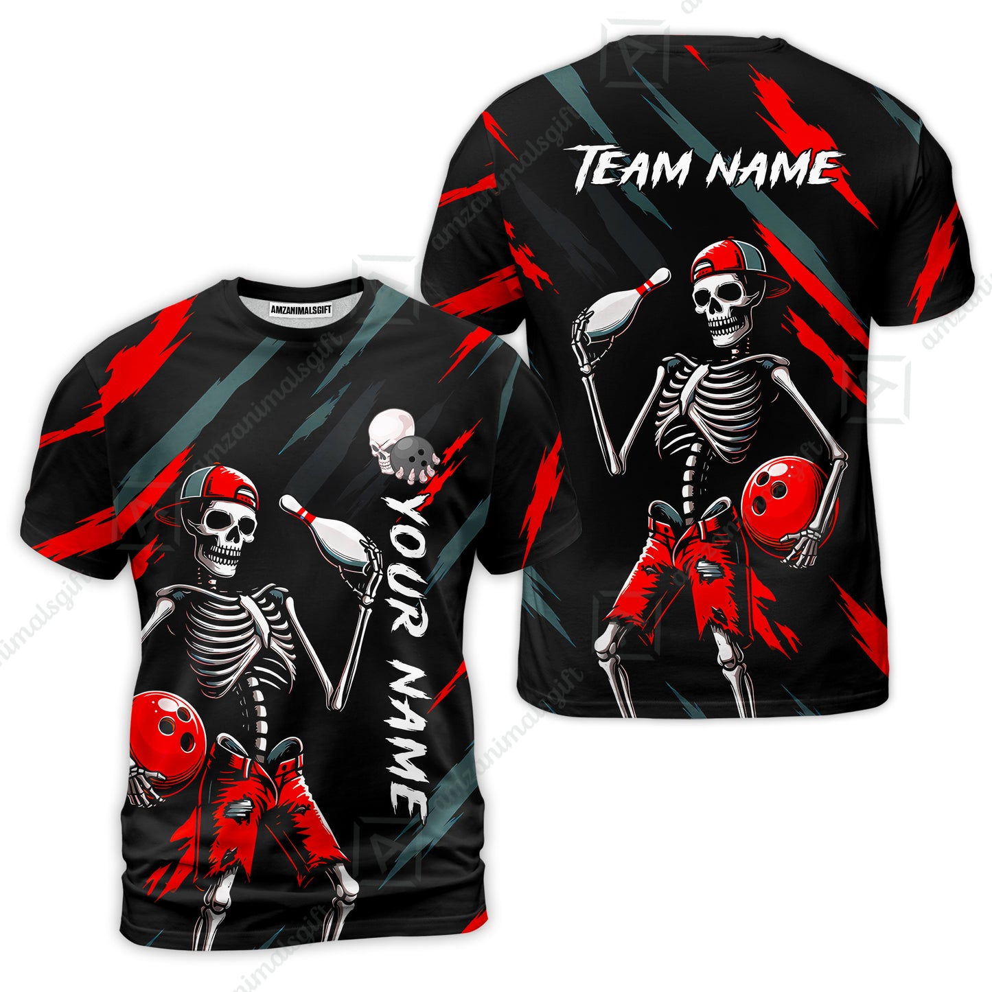 Customized Bowling Shirt, Bad Boy Skeleton Bowler, Personalized Polo Shirt For Players With Name & Team Name