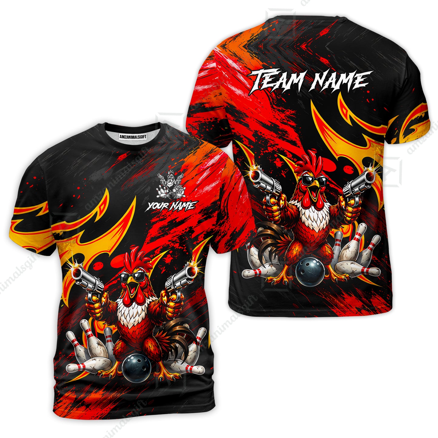 Custom Bowling Jersey Polo Shirt, Rooster With Gun, Custom Bowling Jersey Team Shirt For Players With Name and Team Name