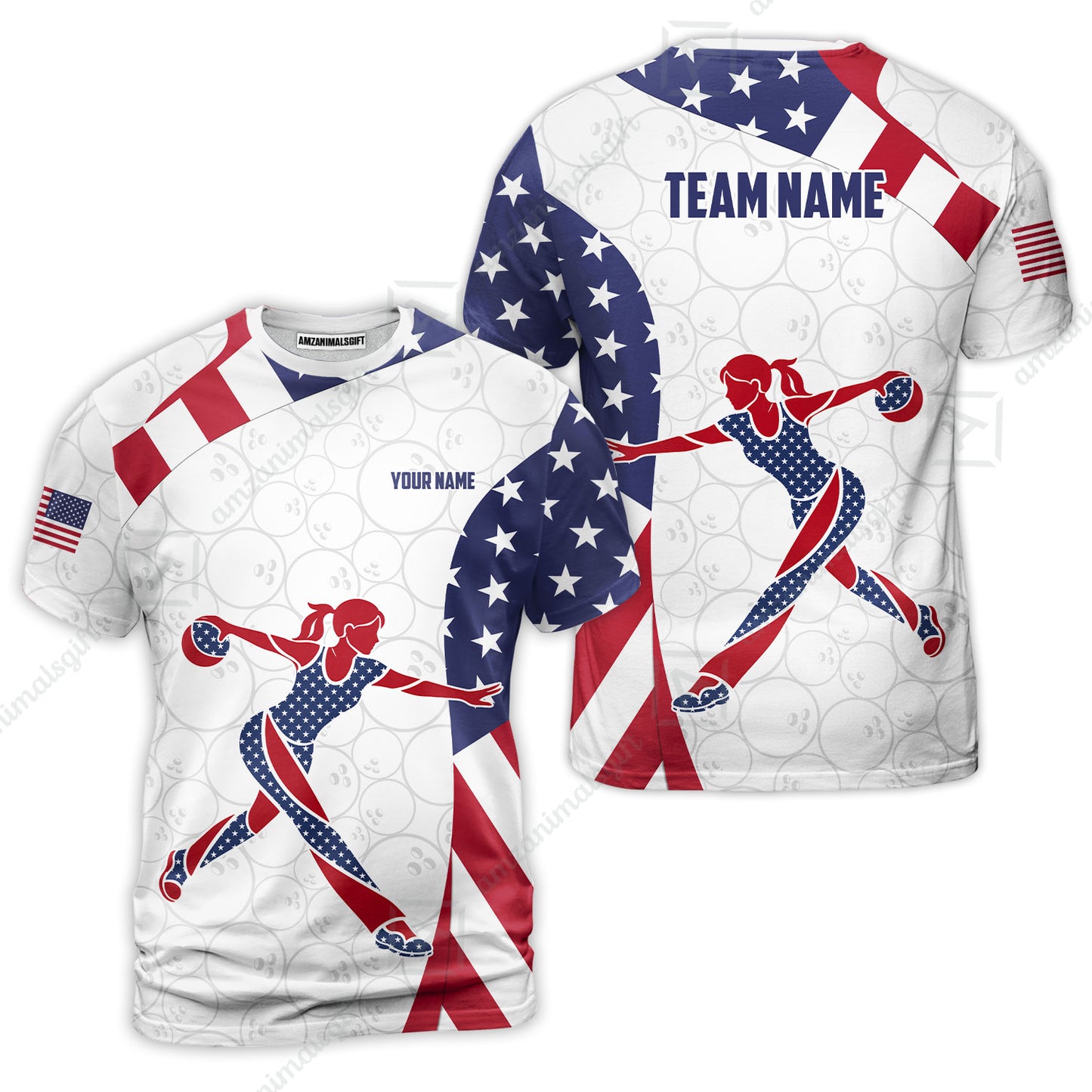 Custom Bowling Jersey Polo Shirt, Patriotic Bowler Silhouette Stars and Stripes, Custom Bowling Jersey Team Shirt For Players With Name and Team Name
