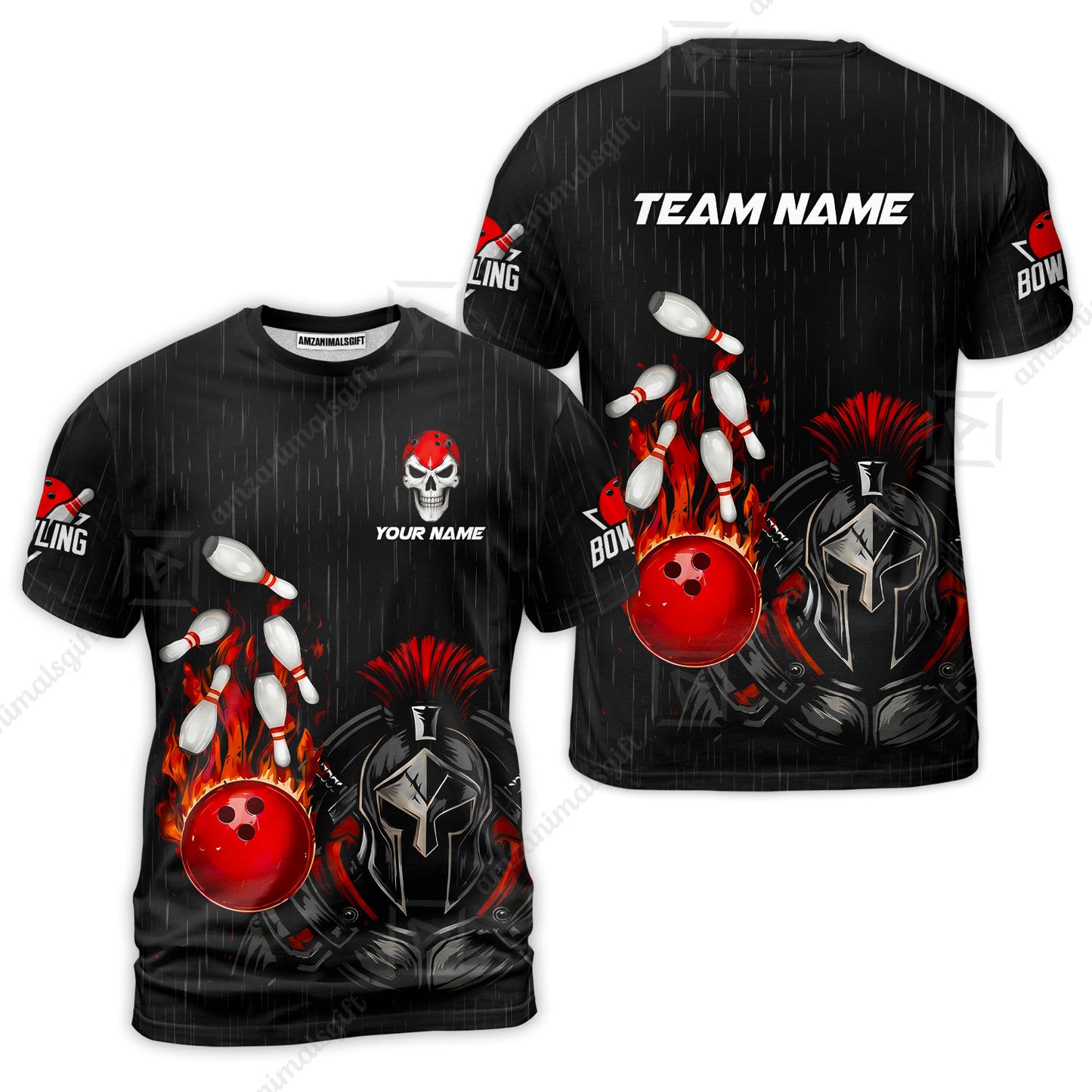 Custom Bowling Jersey Polo Shirt, Fire Bowling Knight Rain Skull Logo, Personalize Name & Team Name