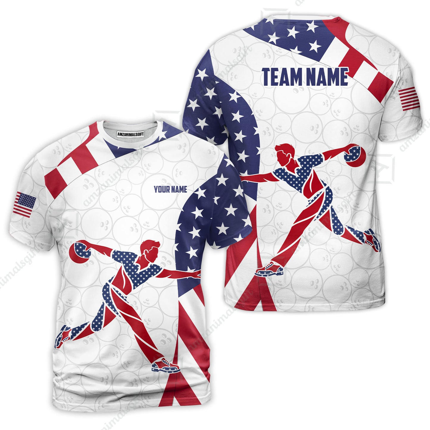 Custom Bowling Jersey Polo Shirt, Patriotic Bowler Silhouette Stars and Stripes, Custom Bowling Jersey Team Shirt For Players With Name and Team Name