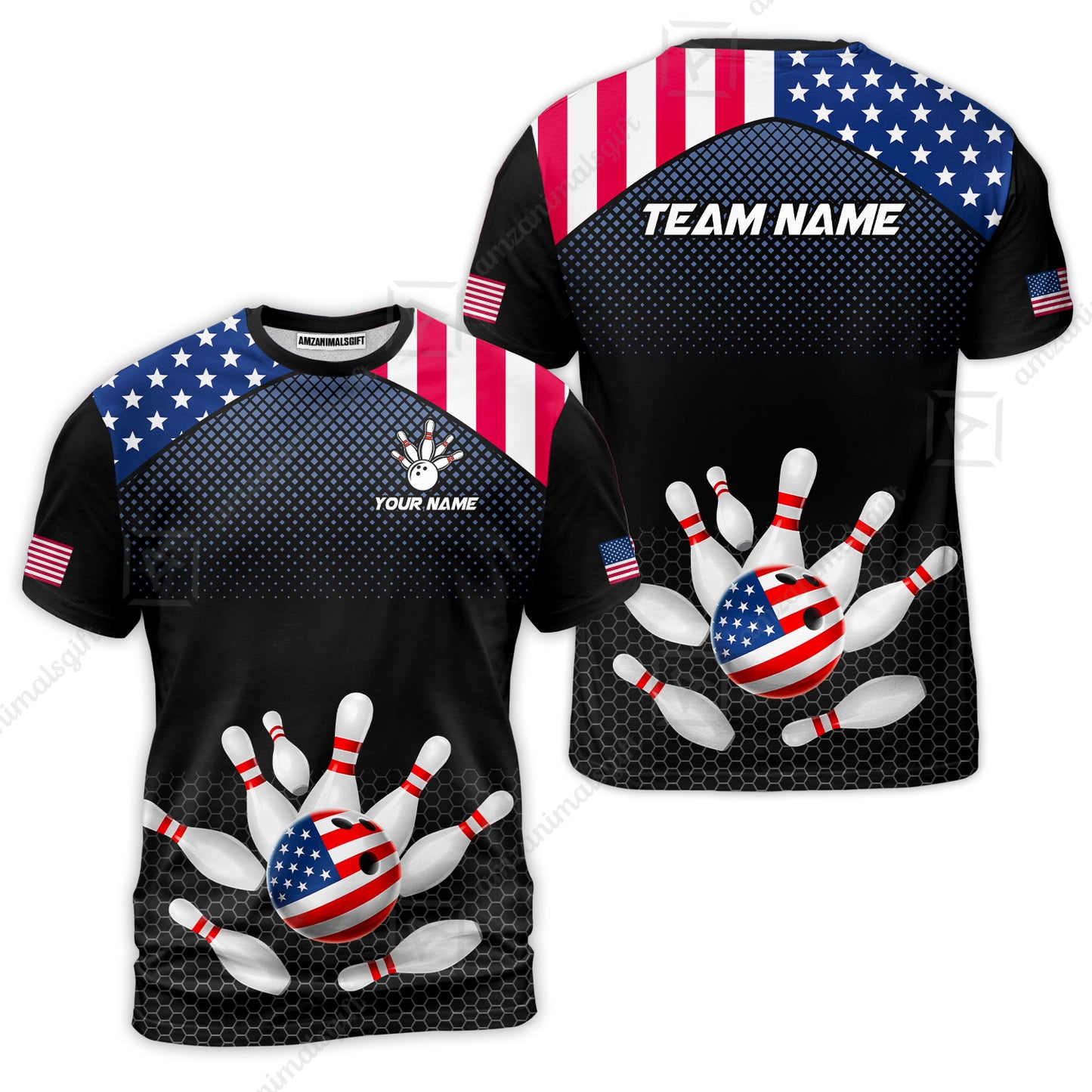 Custom Bowling Jersey Polo Shirt, Patriotic USA Flag Stars Stripes Tech Hexagon Pattern, Custom Bowling Jersey Team Shirt For Players With Name & Team Name