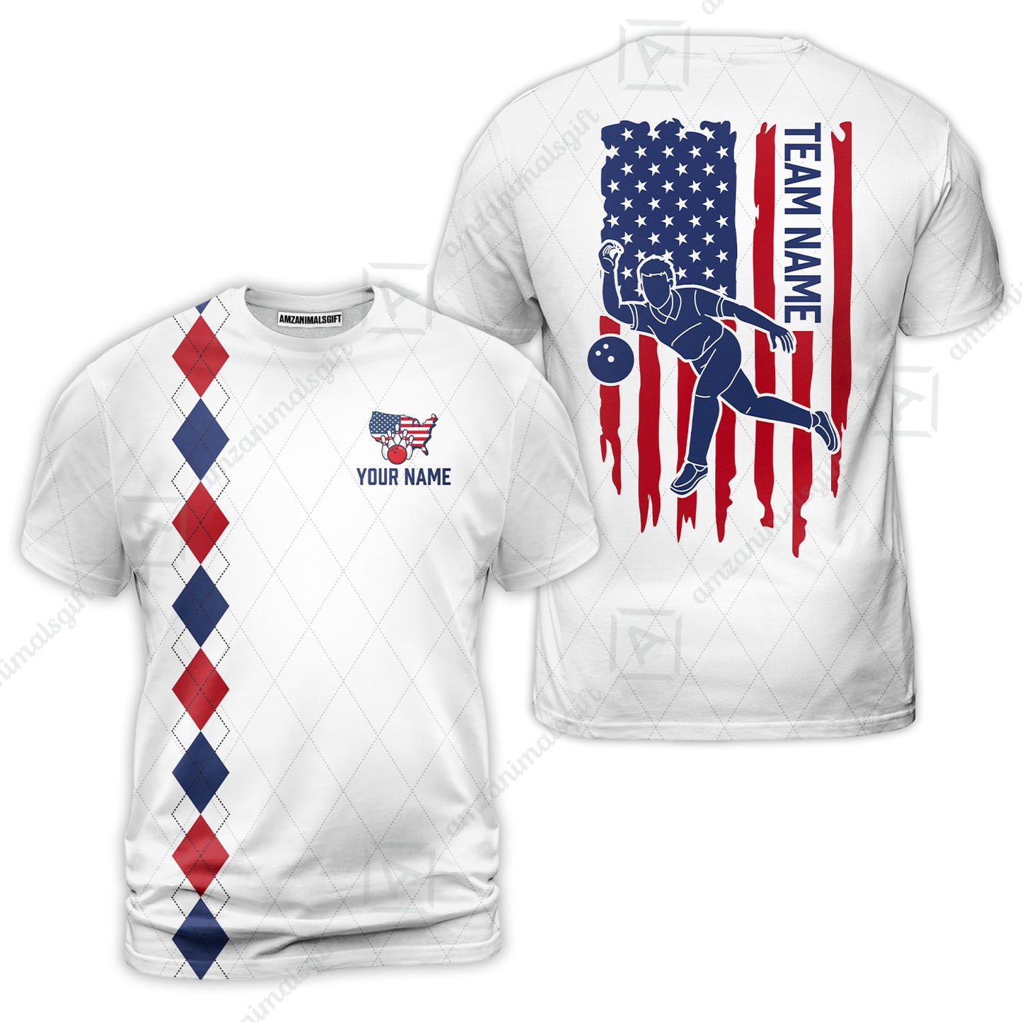 Custom Bowling Jersey Polo Shirt, Patriotic Argyle USA Flag Bowler, Custom Bowling Jersey Team Shirt For Players With Name & Team Name