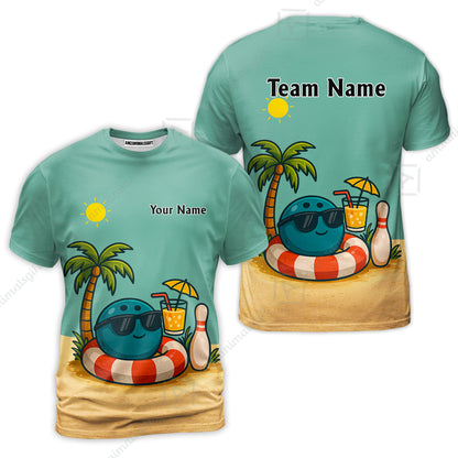 Custom Bowling Polo Shirt, Cute Cartoon Bowling Beach Custom Bowling Polo Team Shirt For Players With Name & Team Name