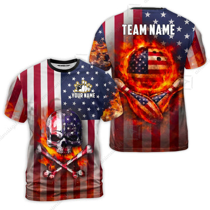 Customized Patriotic Flaming Skull Bowling Jersey, Custom Name And Team Name For Bowlers