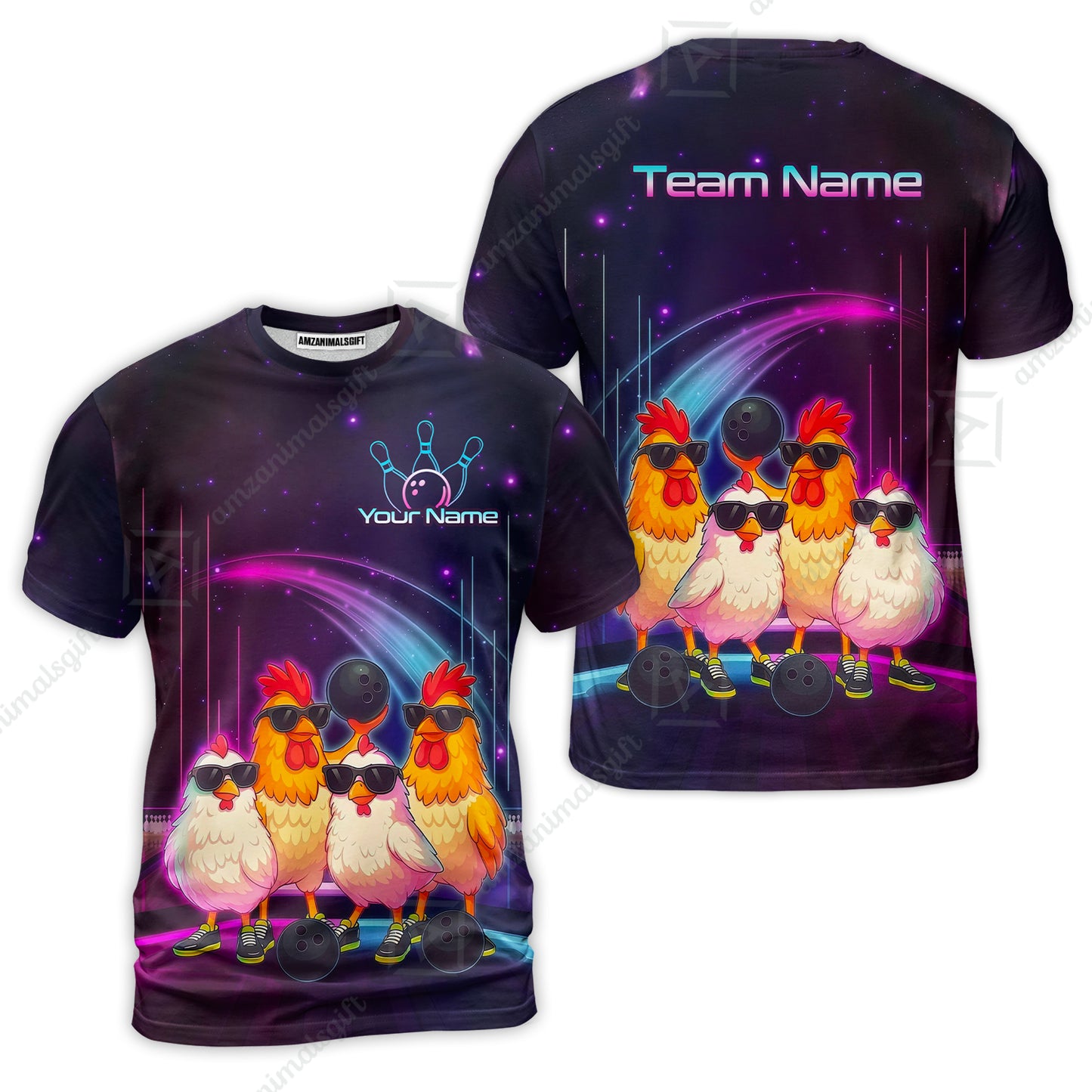 Custom Bowling Jersey Polo Shirt, Funny Cool Chickens Neon Cosmic, Custom Bowling Jersey Team Shirt For Players With Name & Team Name