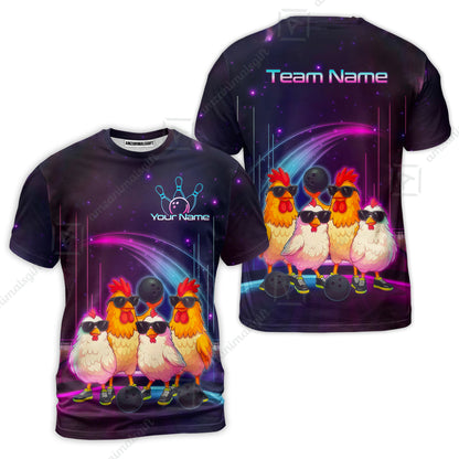 Custom Bowling Jersey Polo Shirt, Funny Cool Chickens Neon Cosmic, Custom Bowling Jersey Team Shirt For Players With Name & Team Name