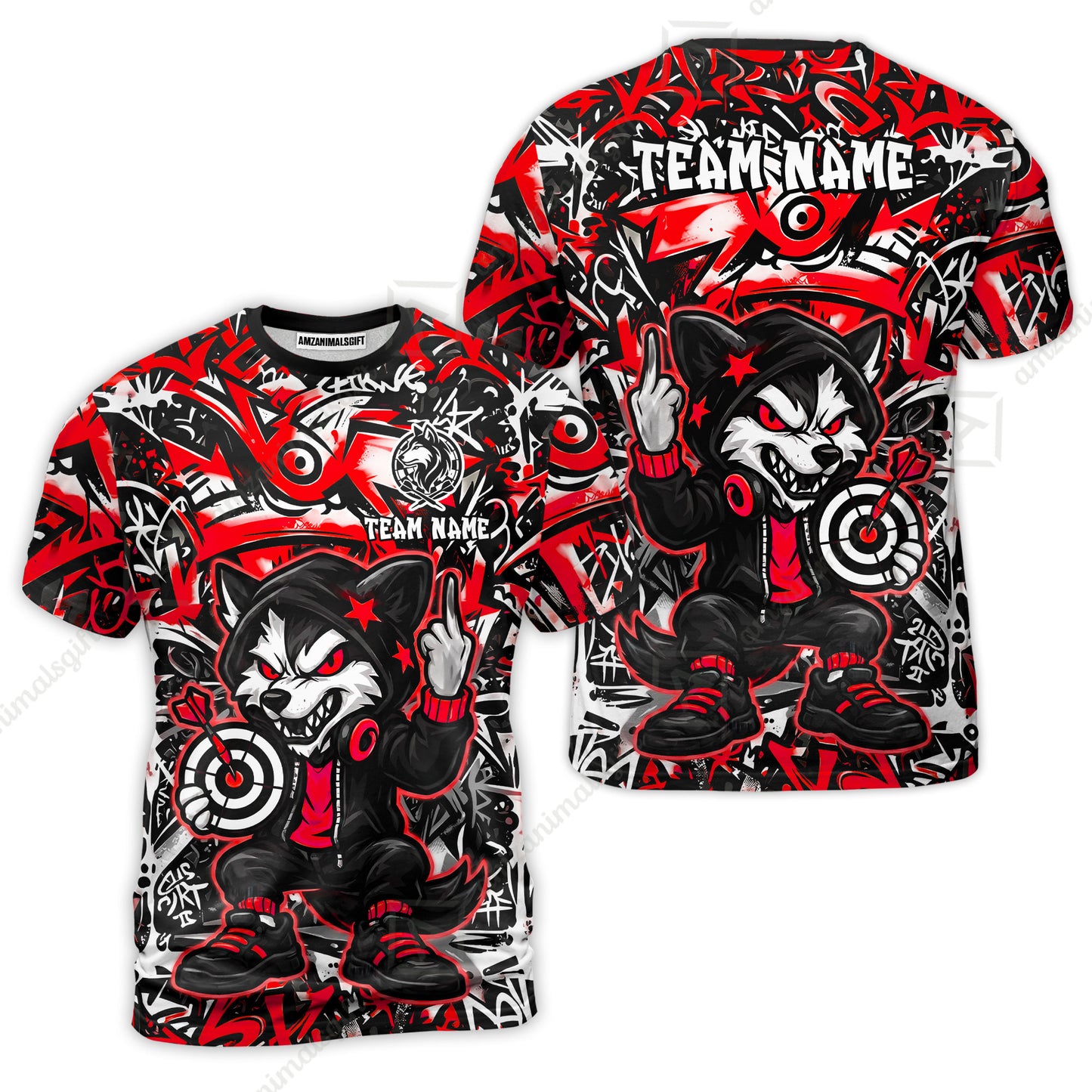 Customized Darts Team Uniform Shirt, Cool Cartoon Wolf With Dartboard, Personalized Name And Team Name