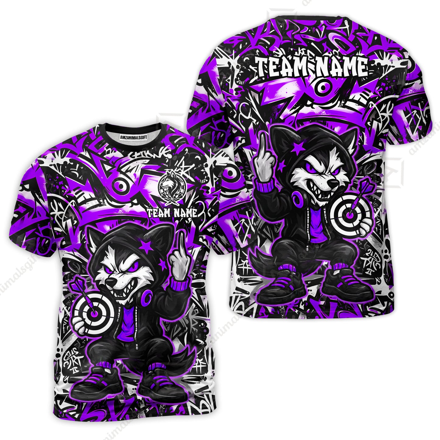 Customized Darts Team Uniform Shirt, Cool Cartoon Wolf With Dartboard, Personalized Name And Team Name