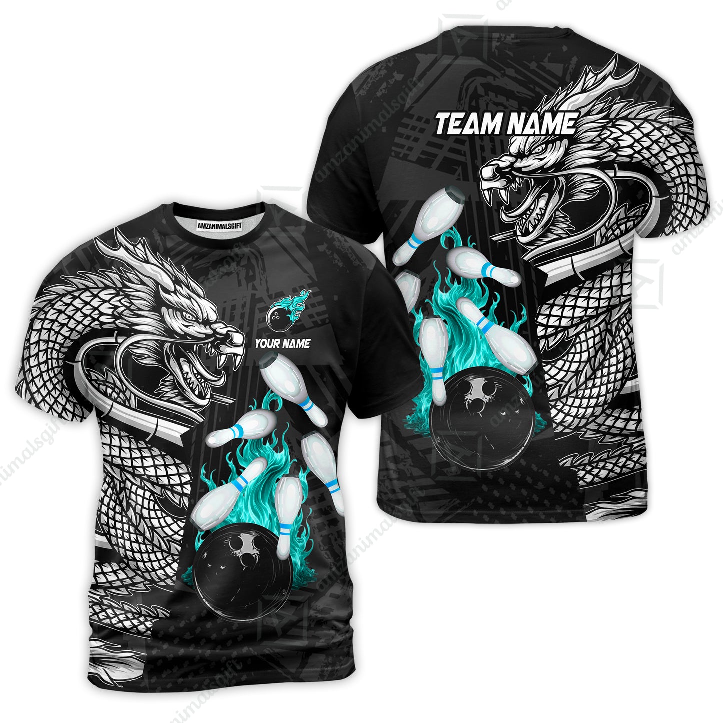 Custom Bowling Team Jerseys Polo Shirts, Bowling uniforms Bowling & Pins Dragon Flame Fire Multicolor Options Personalized Name And Team Name