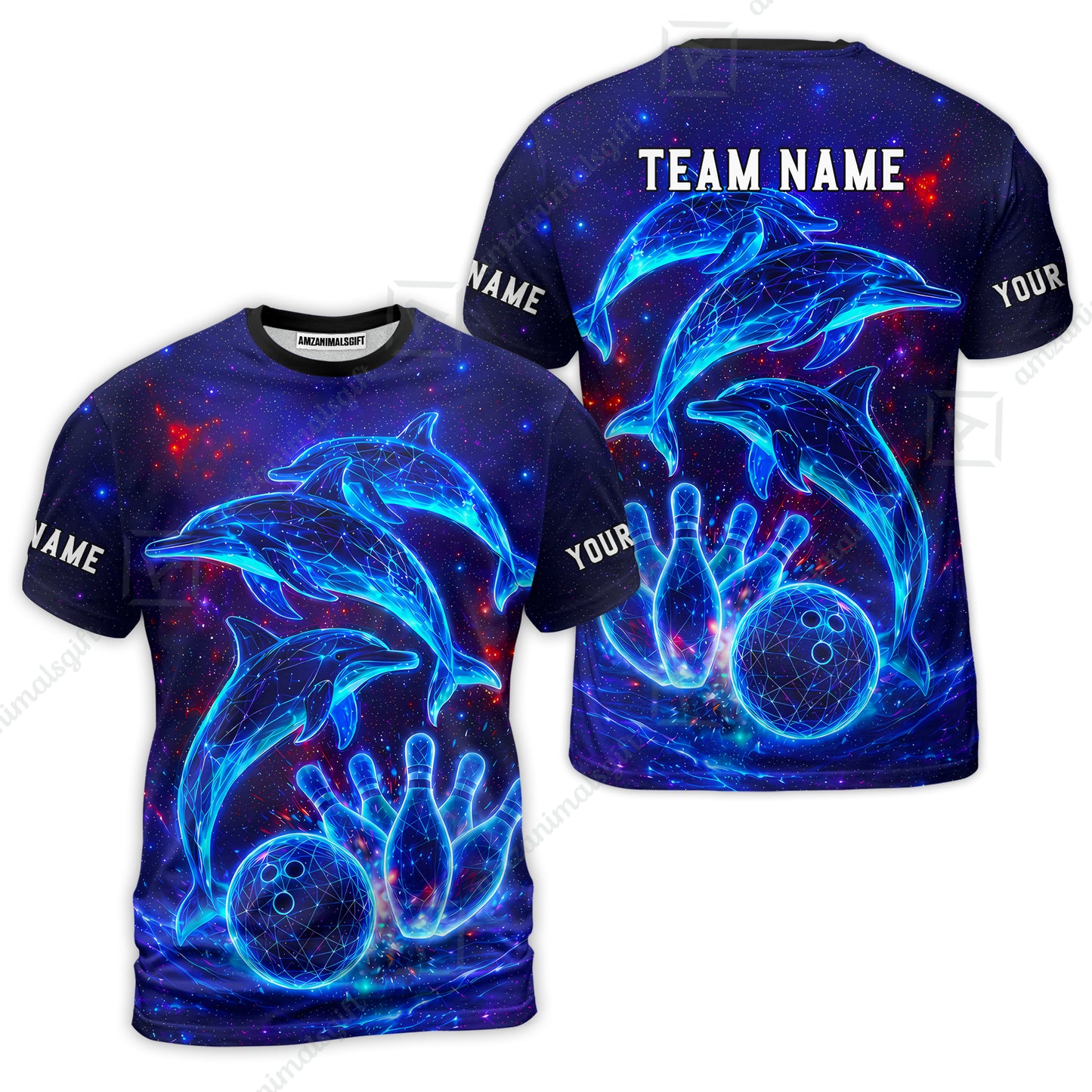 Customized Bowling Shirt, Cosmic Dolphin, Personalized Polo Shirt For Players With Name & Team Name