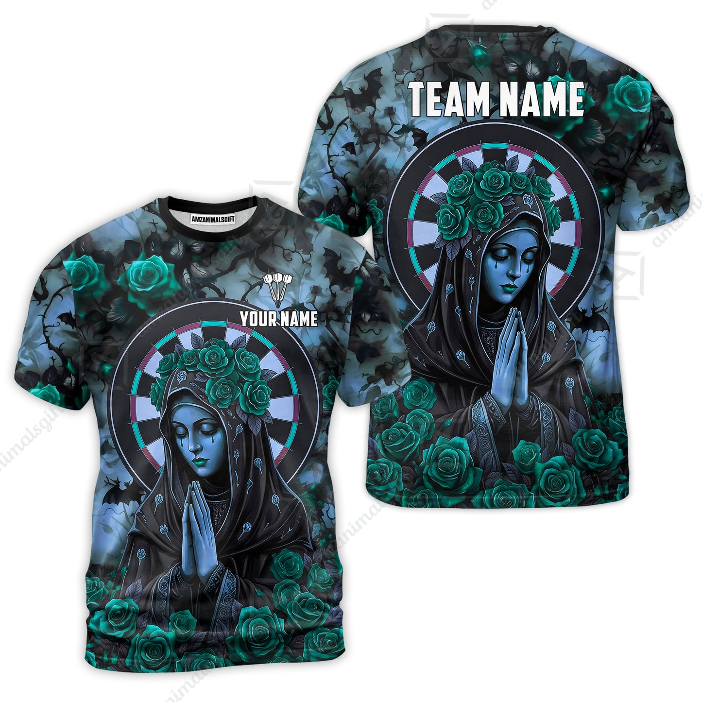 Custom Darts Jersey Polo Shirt, Gothic Madonna And Blue Rose, Custom Dart Jersey Team Shirt For Players With Name & Team Name