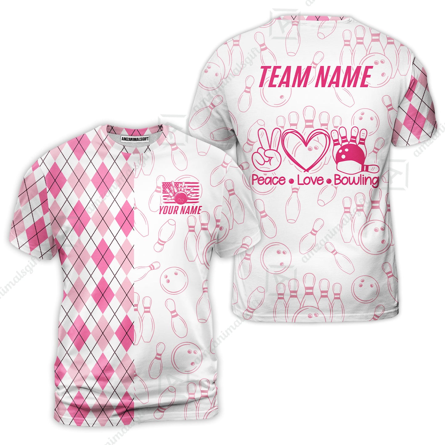 Custom Women Polo Shirt, Argyle Bowling Peace Love, Custom Bowling Women Polo Team Shirt For Players With Name & Team Name