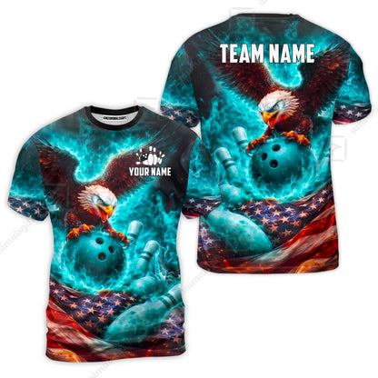 Custom Bowling Jersey Polo Shirt, Patriotic Blue Fire Eagle, Custom Bowling Jersey Team Shirt For Players With Name and Team Name