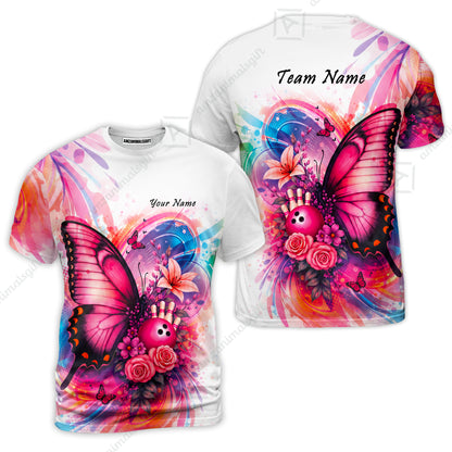 Custom Bowling Jersey Polo Shirt, Watercolor Pink Butterfly Bloom, Custom Bowling Jersey Team Shirt For Players With Name and Team Name