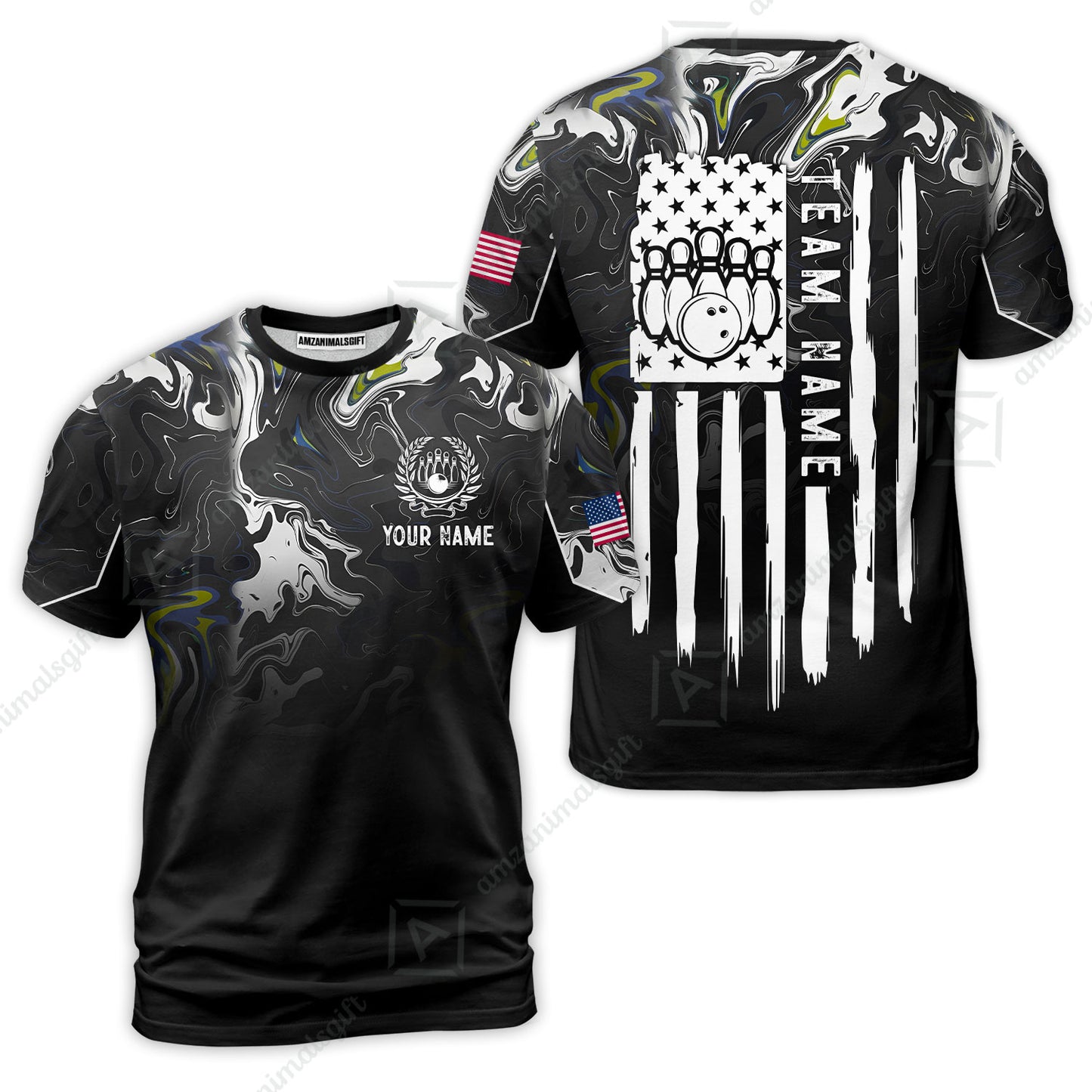 Custom Bowling Jersey Polo Shirt, Monochrome Fluid Marble Patriotic Flag, Custom Bowling Jersey Team Shirt For Players With Name and Team Name